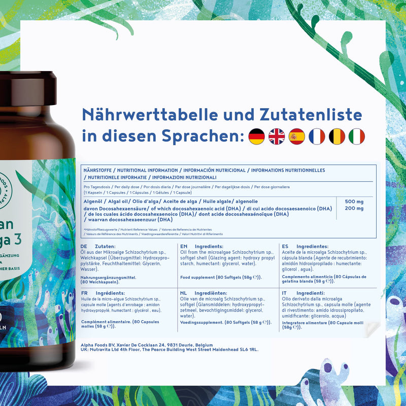 Vegan Omega 3-80 vegan softgel capsules - 500mg algae oil from German brand production per daily dose - Vegetable alternative to fish oil capsules - DHA fatty acids - NewNest Australia