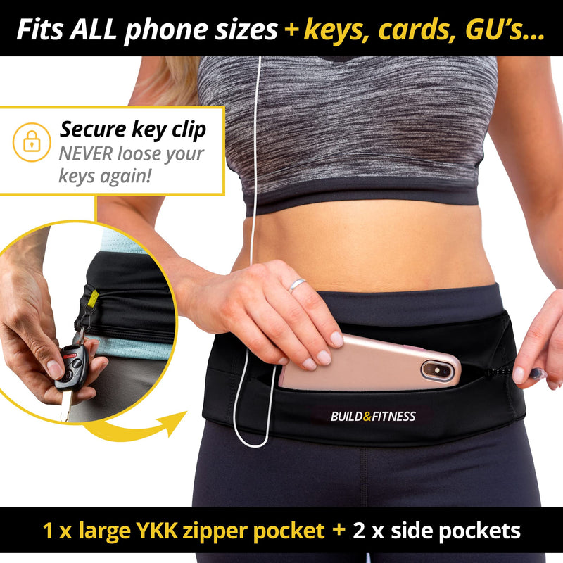 Build & Fitness Zipper Running Belt – Adjustable Waist Pack, Slim, Comfortable with Key Clip – Fits all Phone models, Keys, Cards, Fuel GU's – Fits Men and Women – Run, Jog, Gym workout, Cycle, Hiking Black - NewNest Australia
