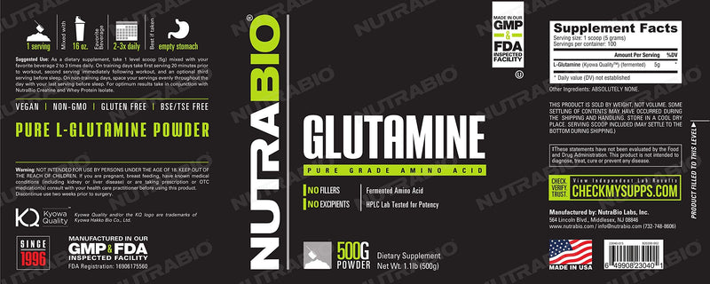 NutraBio L-Glutamine Powder - Amino Acid - Pure Grade: Absolutely no Additives, Fillers or Excipients! - Muscle Recovery Supplement - (500 Grams) 1.1 Pound (Pack of 1) - NewNest Australia
