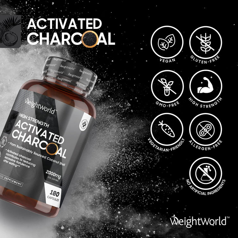 Activated Charcoal Capsules - 2000mg Per Daily Serving - 180 Capsules - Premium & Natural Coconut Charcoal - Vegan & Keto Friendly Digestion Supplement - Tested for Purity - NewNest Australia