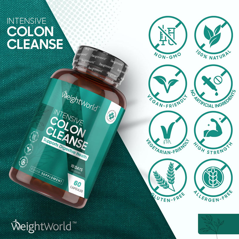 Intensive Colon Cleanse - 10 Days Program (60 Capsules) - 12 Active Ingredients Like Psyllium Husk, 10 Billion Gut Bacteria, Prebiotic Fibre - Natural & Vegan Colon Supplement - Gluten Free - NewNest Australia