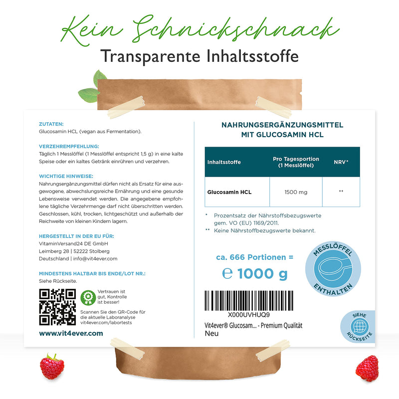 Glucosamine Hcl Pure - 1000 G (1 Kg) Pure Powder Without Additives - Made From Vegetable Fermentation - Laboratory Tested - Vegan - High Dose - Premium Quality - NewNest Australia
