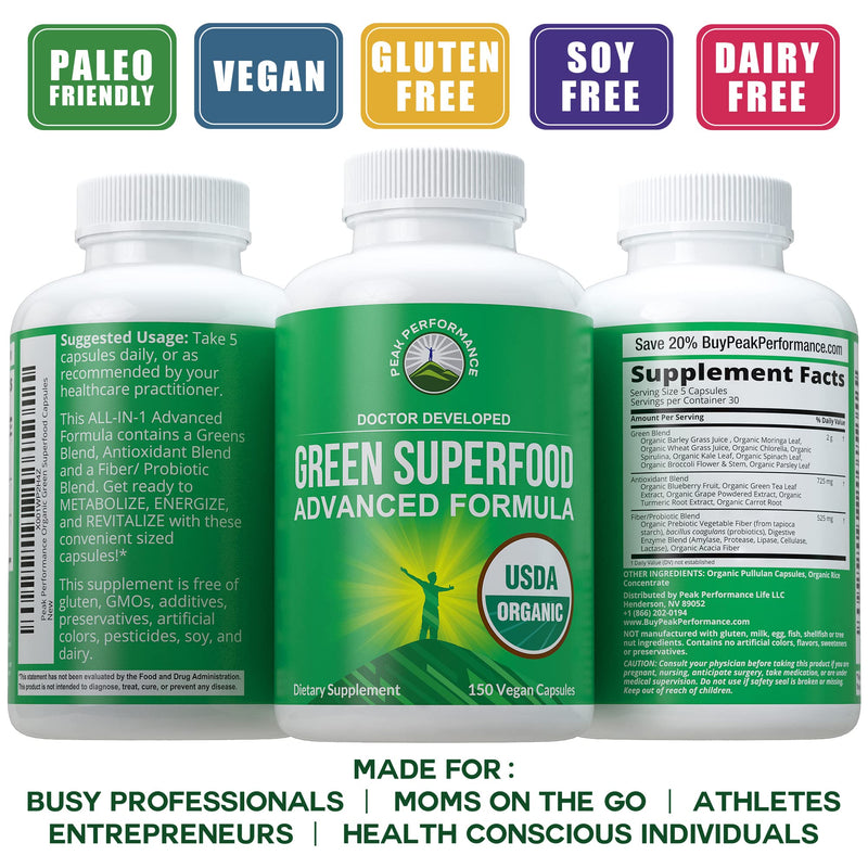 Organic Super Greens 150 Capsules - Green Juice Superfood Supplement with 25 All Natural Organic Ingredients. Max Energy and Detox Super Food Pills with Spirulina, Spinach, Kale, Turmeric, Probiotics - NewNest Australia