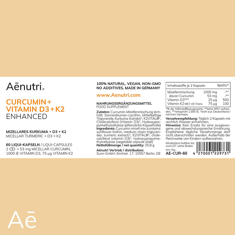 NEW: CURCUMIN Plus high dose | Liquid turmeric in micellar formula | Without polysorbate, without piperine | Liquid with vitamin D3 + K2 | Laboratory-tested quality from DE | 60 capsules - NewNest Australia