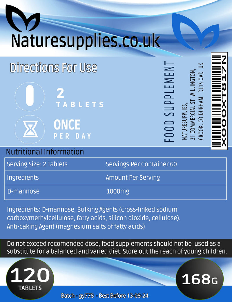naturesupplies D-mannose 1000mg Tablets, 120 Pack - Vegan Friendly - Premium Coated High Strength Tablets Easy To Swallow, Natural Ingredients In Our Dmannose Supplements - NewNest Australia
