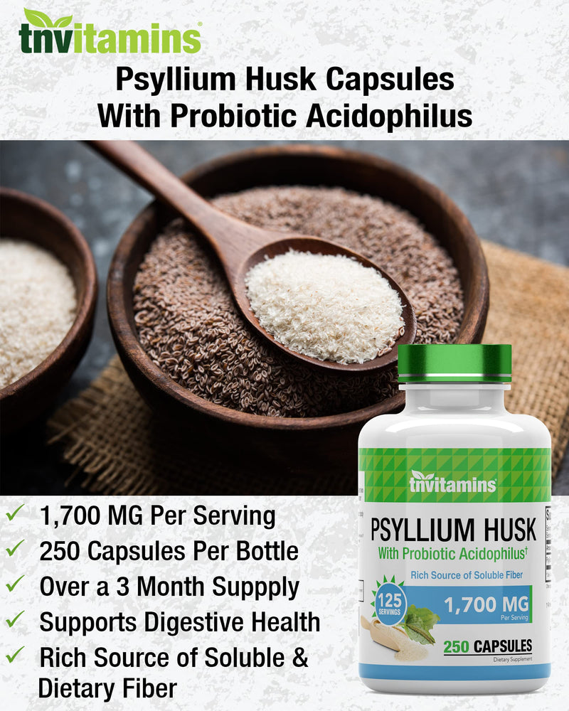 Psyllium Husk Capsules | 1700 MG - 250 Capsules | with Probiotic Acidophilus | Extra Strength Soluble & Dietary Fiber Supplement | Supports Digestive Health | by TNVitamins - NewNest Australia