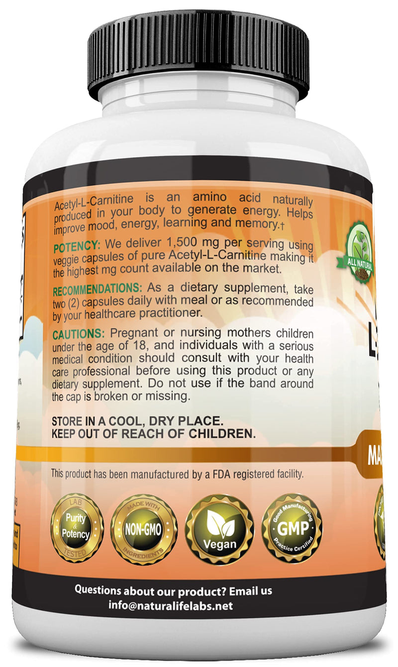Acetyl L-Carnitine 1,500 mg High Potency Supports Natural Energy Production, Supports Memory/Focus - 100 Veggie Capsules - NewNest Australia