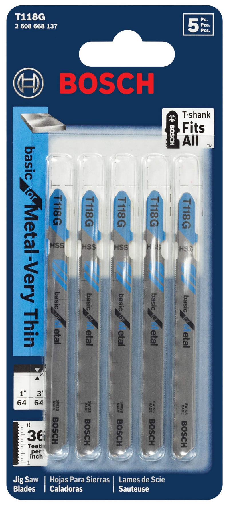 BOSCH T118G 5-Piece 3-5/8 In. 36 TPI Basic for Metal T-Shank Jig Saw Blades Straight Cuts for Metal 3-5/8" 36 TPI - 5 pcs - NewNest Australia