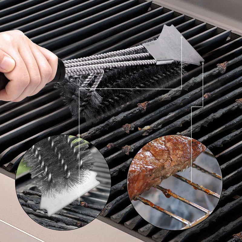 NewNest Australia - Grill Brush and Scraper - Extra Strong BBQ Cleaner Accessories - Safe Wire Bristles 18" Stainless Steel Barbecue Triple Scrubber Cleaning Brush for Gas/Charcoal Grilling Grates, Wizard Tool 