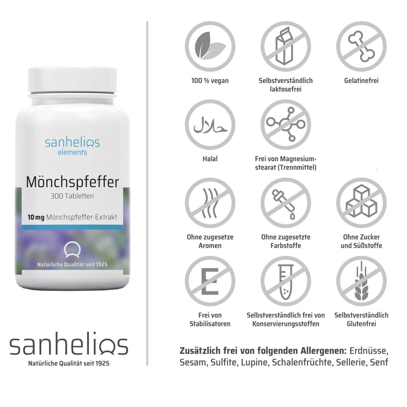 Sanhelios Monk's Pepper - High dosage - 300 vegan micro-tablets - 10mg pure monk's pepper extract per tablet - easy to swallow - Made & tested in Germany - NewNest Australia