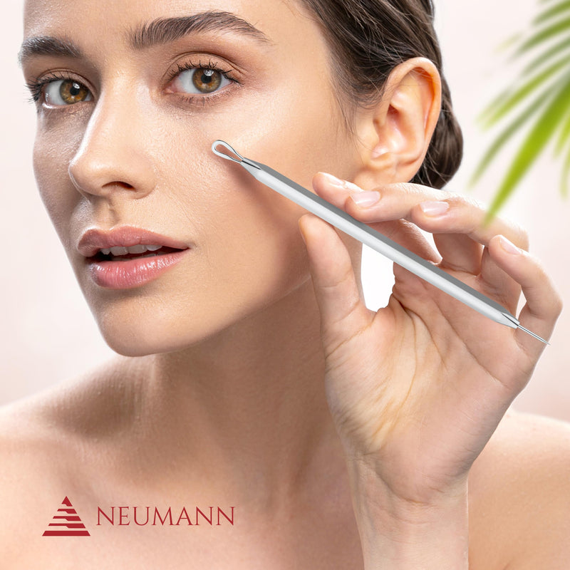 Neumann Blackhead Remover Set (Stainless Steel) For Removing Pimples, Blackheads Etc. - Comedone Squeezer, Lifter, Remover - Various Tools: Loops, Tweezers, Lancet [Silver] - NewNest Australia