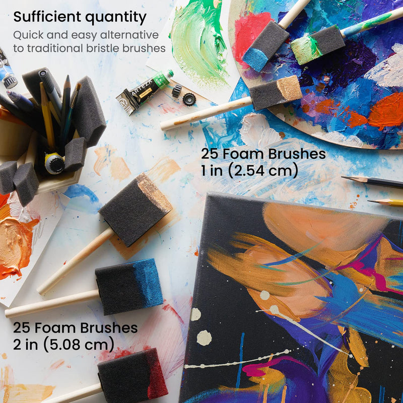 Arteza Foam Paint Brushes, Includes 50 Sponge Brushes, 25 x 1 Inch Brushes and 25 x 2 Inch Brushes, Art Supplies for Painting, DIY, and Wood Staining - NewNest Australia