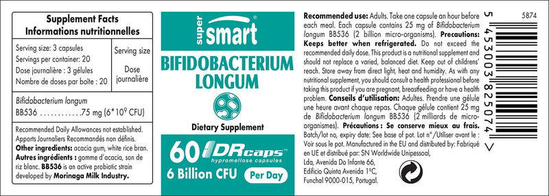 Supersmart - Bifidobacterium Longum 75 mg per serving - Probiotics for intestinal health & intestinal flora | Non GMO & Gluten Free - 60 DR Capsules - NewNest Australia