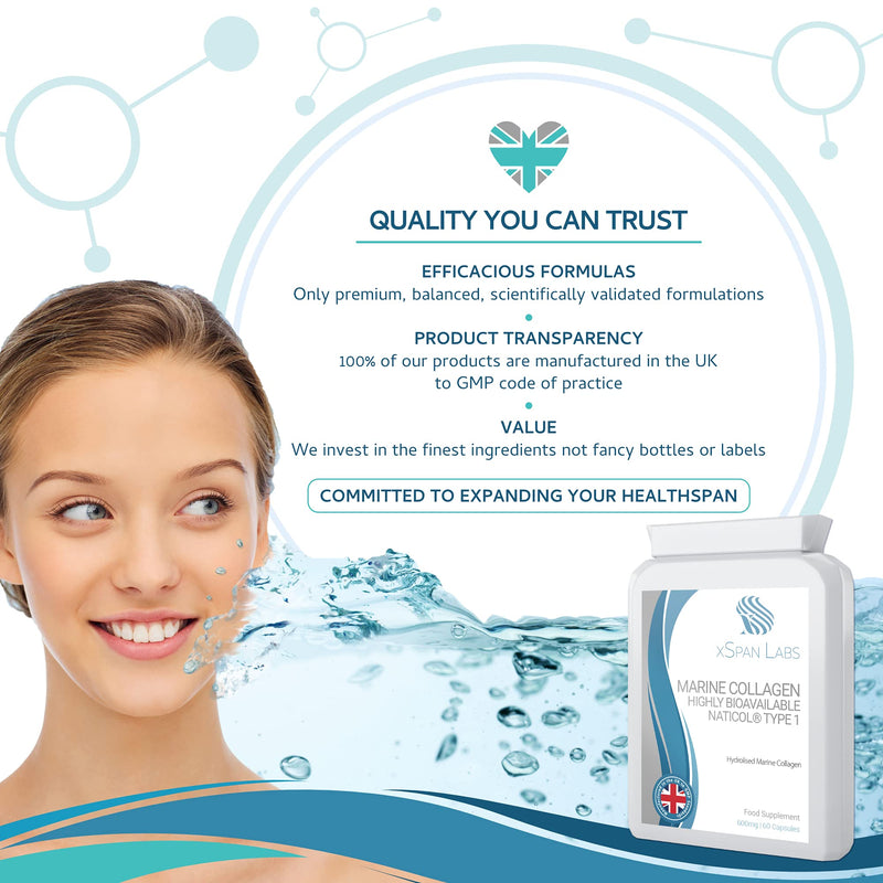 Marine Collagen 600mg 60 Capsules - Highly Bioavailable Naticol® Type 1 Produced by enzymatic hydrolysis ensuring The Highest Levels of oligopeptides with Maximum Purity - NewNest Australia