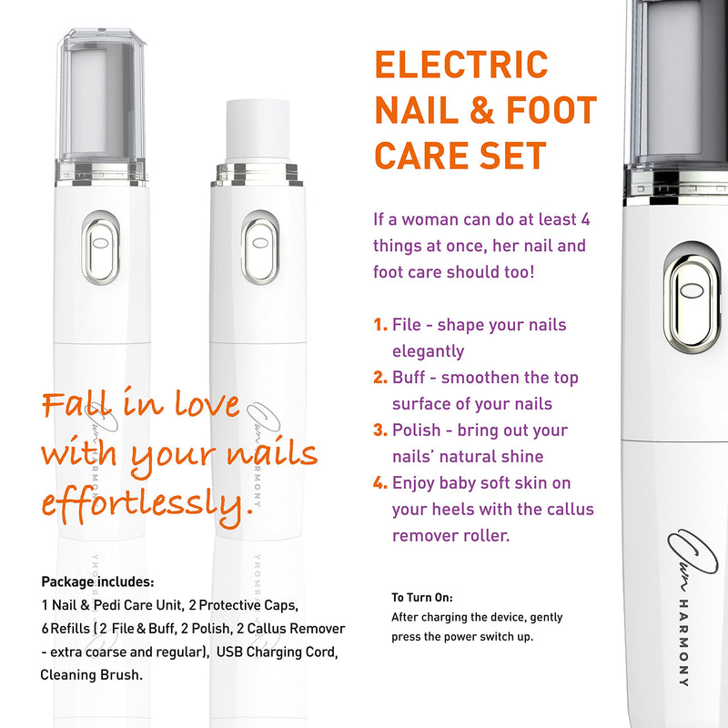 Own Harmony Electric Foot File Callus Remover & Electronic Nail File (4 in 1) Best Mani Pedi Tools - Professional Manicure & Pedicure Care Set - Perfect Toenail Polisher and Shine Buffer (USB Cord) White - NewNest Australia