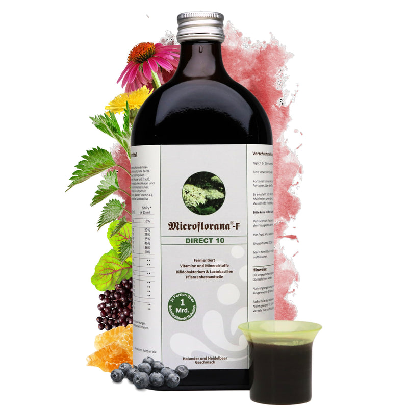 Microflorana -F Direct - Liquid Probiotics - 3 Billion Vibrant Colony Forming Units - Incl. Dosing Aid - Vitamins - Ready-To-Drink And Gentle Version - Intestinal Restoration - Since 1980-500 Ml - NewNest Australia