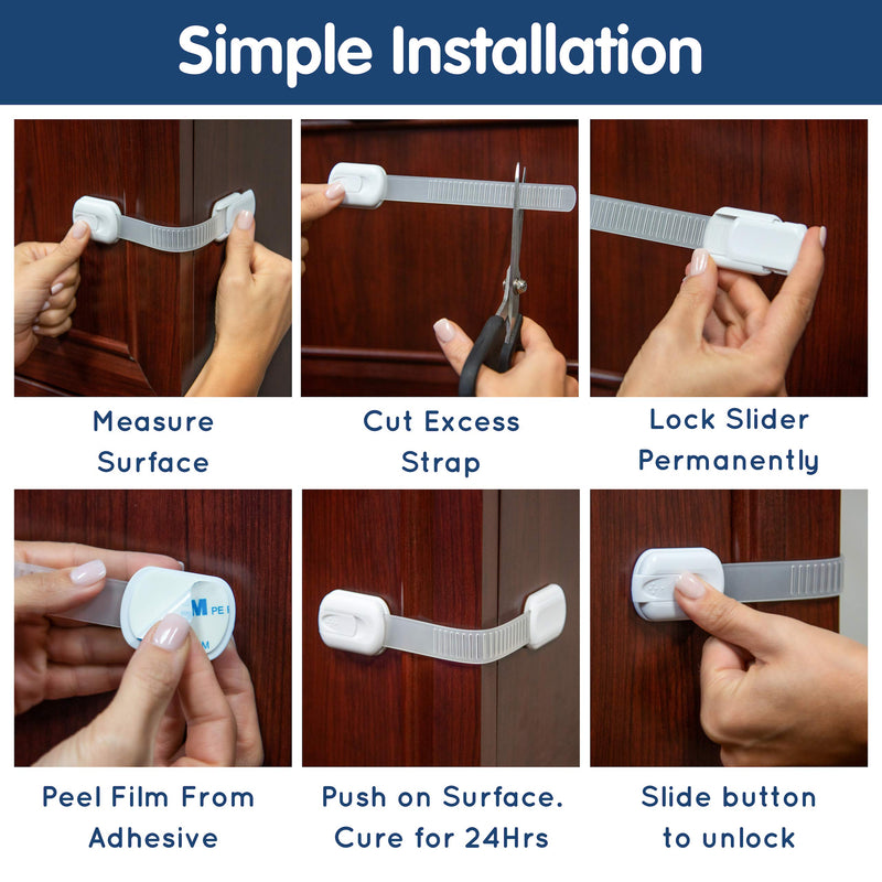 Wittle Child Safety Cabinet Locks (8 pk, White, Clear Straps, 4 Bonus 3M Adhesives) - Baby Proof Cabinet, Cupboard, Drawer, Appliance and More - Simple to Use - Quick No Tools Installation - NewNest Australia