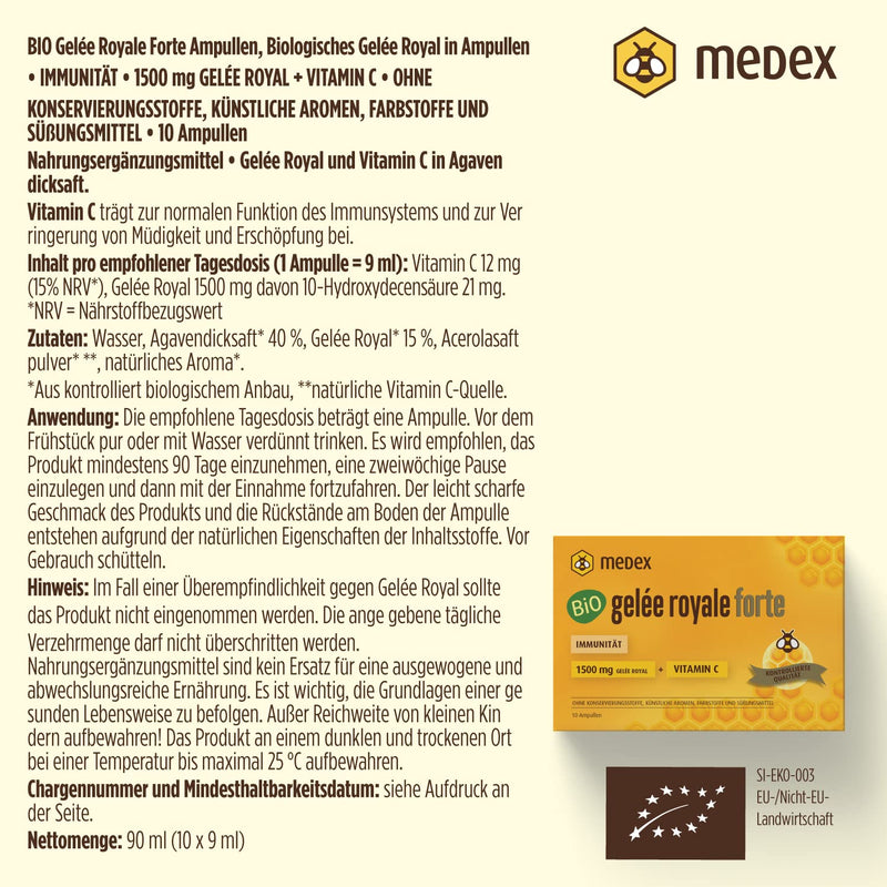Medex Organic Royal Jelly Forte, Extra Strong With 1500 Mg Royal Jelly, Liquid In Ampoules, Easy To Open, With Natural Vitamin C, From Organic Farming 10 X 9 Ml - NewNest Australia