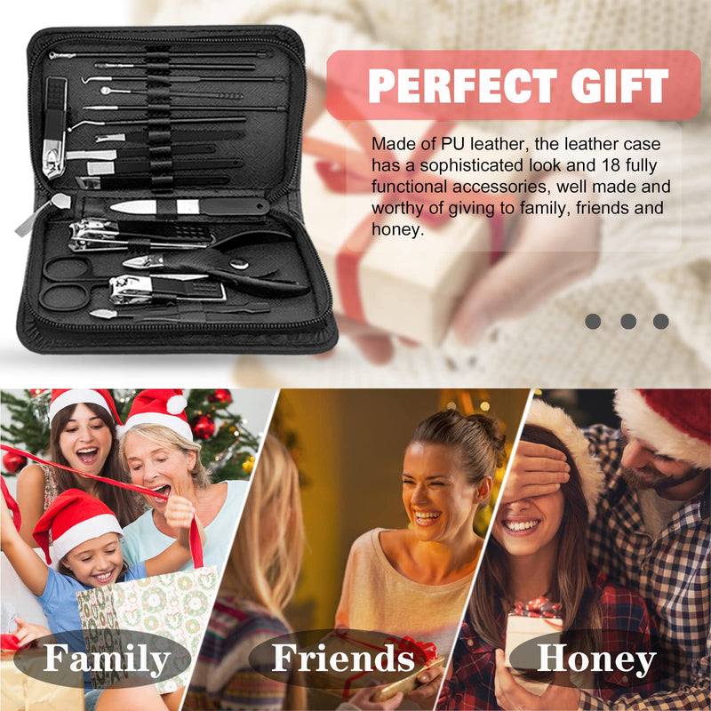 Manicure Pedicure Set -18pcs | Stainless Steel Professional Manicure Pedicure Kit Nail Clipper Set For Men Women | Nail Cutter Set Scissors Grooming Kit With Pu Leather Zip Case For Travel(Black) Silver Black-18Pcs - NewNest Australia