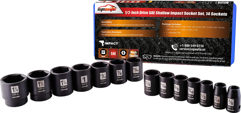 EPAuto 1/2-Inch Drive SAE Shallow Impact Socket Set, CRV, 6-Point 14 Sockets SAE - Shallow - NewNest Australia