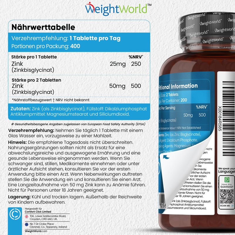 Zinc Bisglycinate 25 Mg Tablets - 400 Vegan Zinc Tablets For 1+ Year Supply - Pure Zinc With High Bioavailability - Zinc Supplement For Men And Women - Dietary Supplement - Weightworld - NewNest Australia
