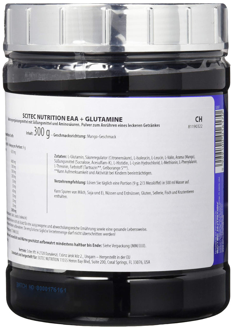 Scitec Nutrition EAA + Glutamine (glutamine amino acid complex & essential aminos), Mango Flavor 300g 300g (pack of 1) - NewNest Australia