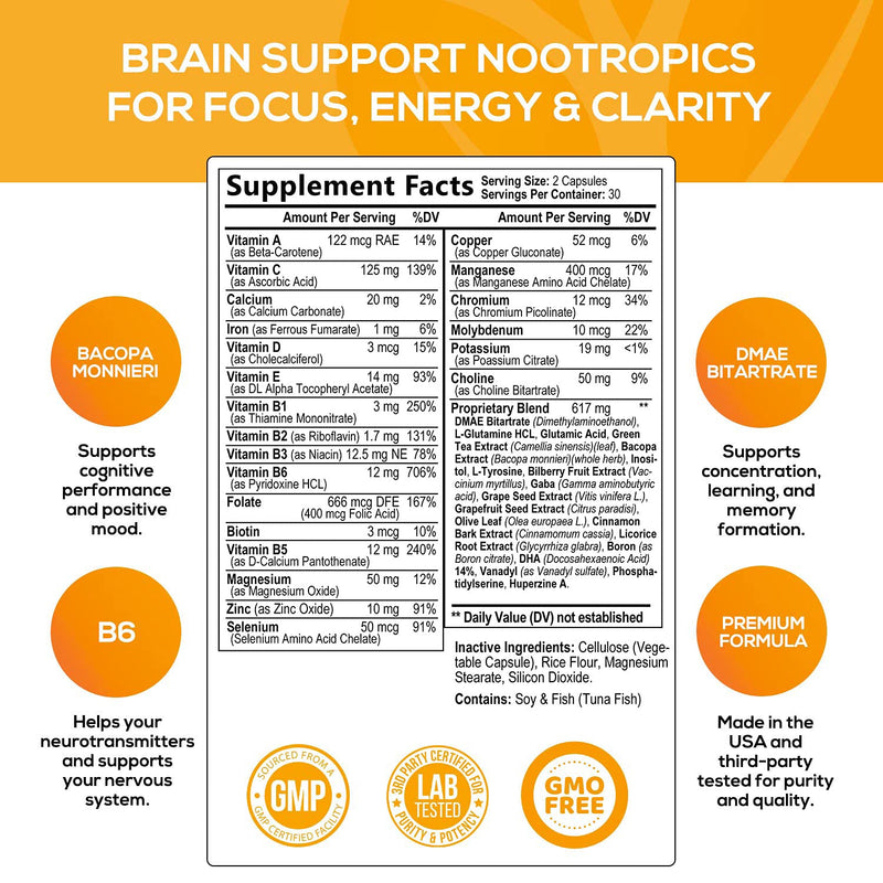 Brain Support Supplement - Premium Nootropic Brain Support - Bottled in USA - Naturally Supports Focus and Clarity, Assists Concentration with Dmae, Bacopa Monnieri - 60 Capsules - NewNest Australia
