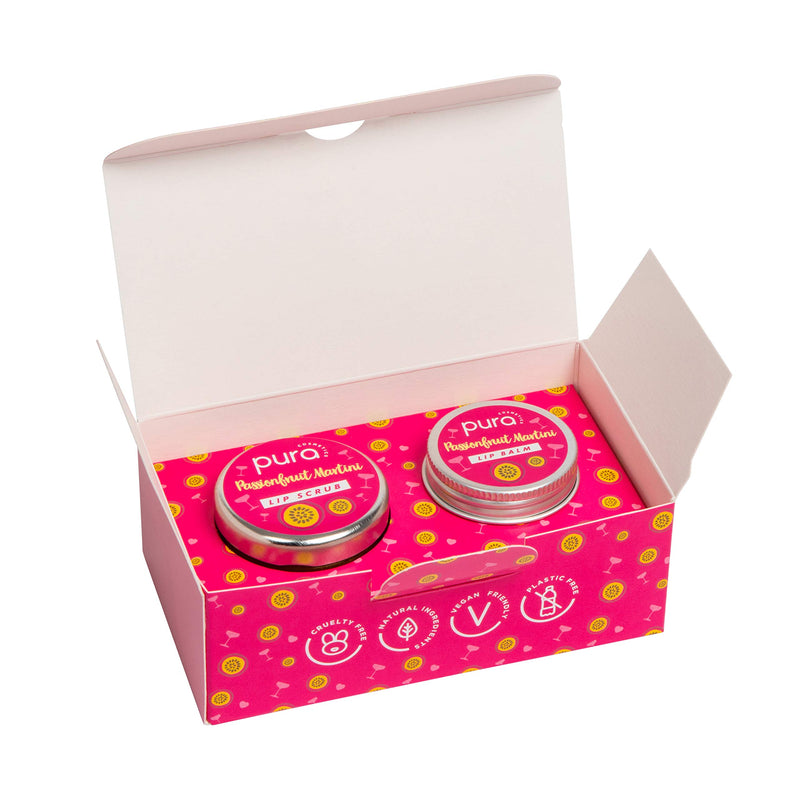 Pura Cosmetics Passionfruit Martini Lip Scrub and Balm Gift Set - Vegan, Natural Ingredients, Cruelty-Free, Plastic-Free Packaging & Handmade in the UK - NewNest Australia