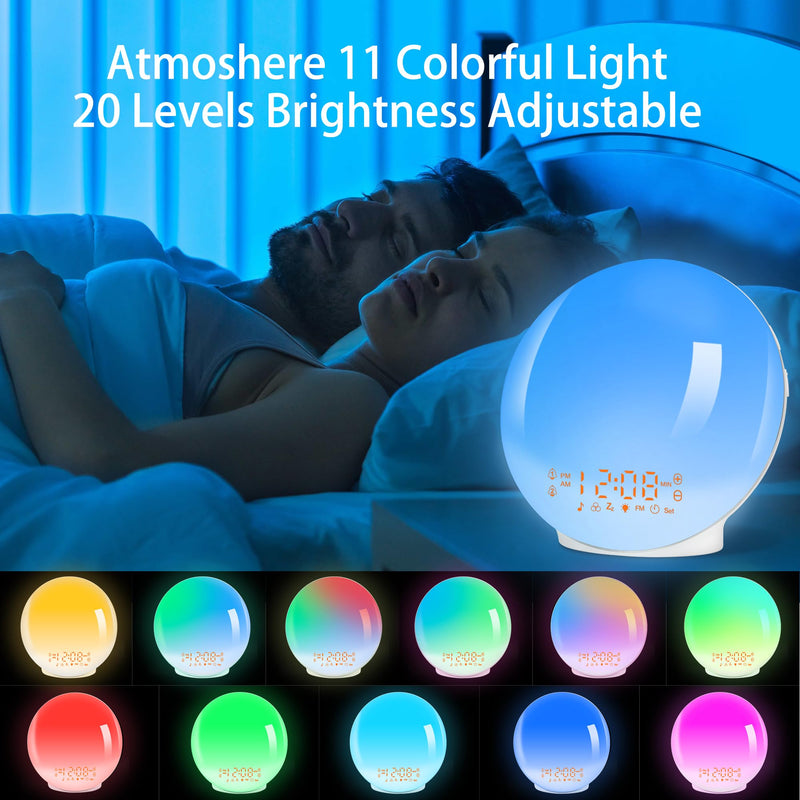 Artinabs Daylight Alarm Clock Light Wake Up Light Sunrise Sunset Simulation Alarm Clock Radio 7 Natural Sounds 2 Alarms Snooze 7 Color Light 20 Brightness Bedside Lamp Adults, Children - NewNest Australia
