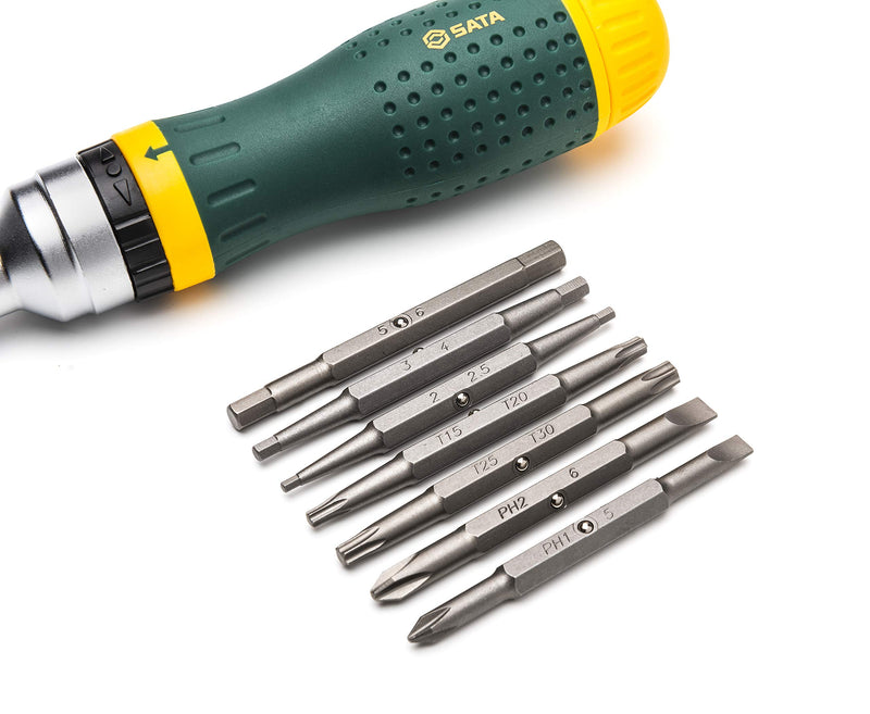 SATA 19-in-1 Multipurpose Ratcheting Screwdriver Set with 8 Double-Sided Bits and a Green and Yellow Oil-Resistant Handle - ST09350, 19 Piece 19-piece set - NewNest Australia