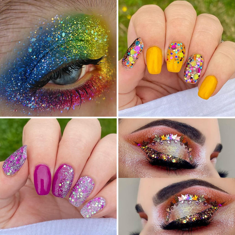 TORC Holographic Chunky Glitter Set, 24 Colors, Fine Chunky Mix Glitter for Nail Art Cosmetic Body Hair Festival Makeup Crafts, Shaker Jar Total 240 g 24 chunky glitter - NewNest Australia