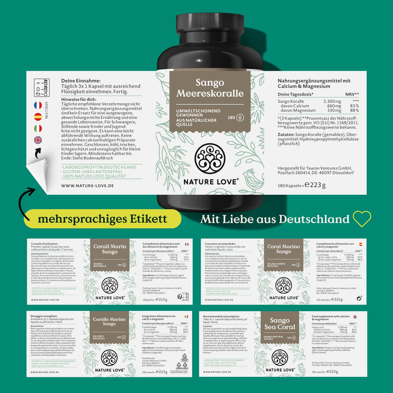NATURE LOVE® Sango Sea Coral - 180 capsules - Natural source of calcium (20%) and magnesium (10%) in the body's own ratio of 2:1 - laboratory tested and produced in Germany. - NewNest Australia