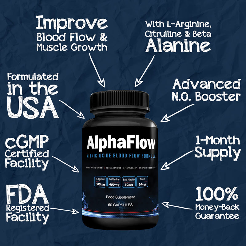 AlphaFlow L-Arginine, L-Citrulline & Beta Alanine | 1340mg Nitric Oxide (NO) Booster for Muscle Growth, Blood Flow, Vascularity & Size | Money Back Guarantee | 60 Vege Capsules - NewNest Australia
