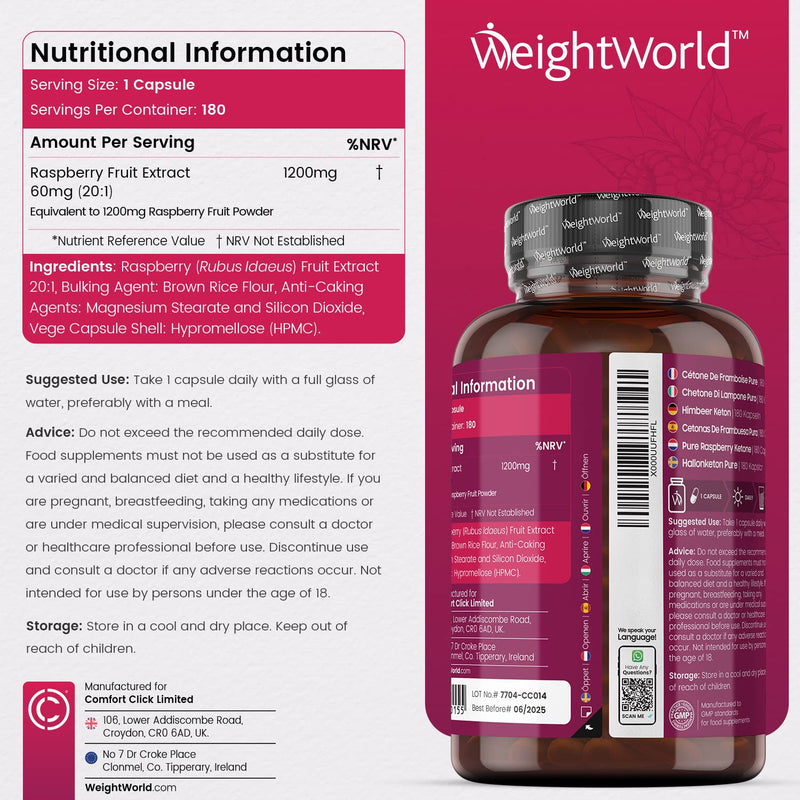 Pure Raspberry Ketones 1200mg - 180 Vegan Capsules (6 Month Supply) - Max Strength Raspberry Ketones Supplement - Suits Low Carb & Keto Diet -Better Absorption Than Tablet - 100% Natural - UK Made - NewNest Australia