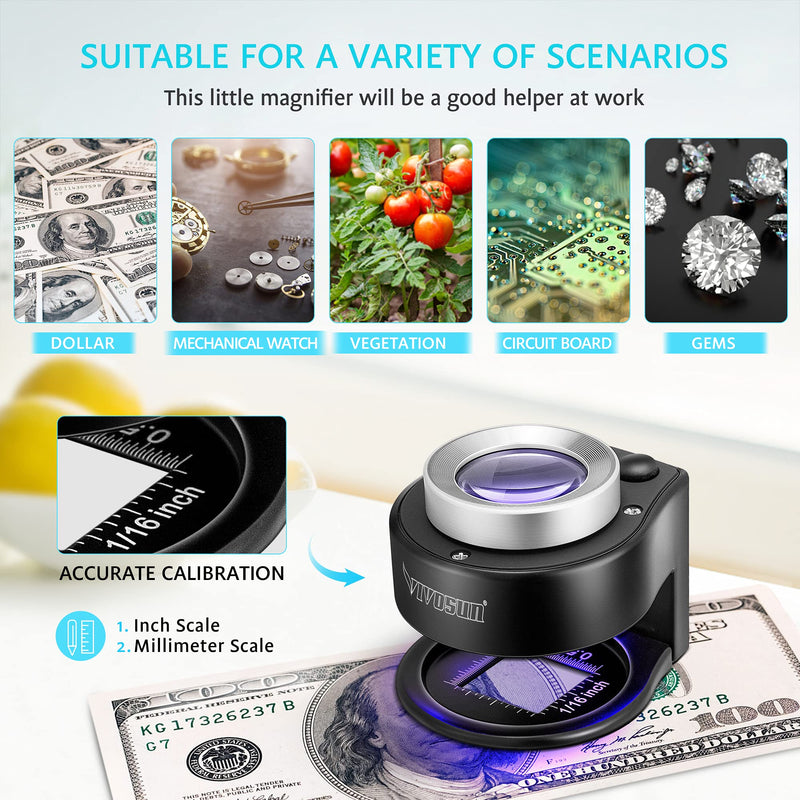 VIVOSUN 30X Rechargeable Loupe Magnifier with White LED Light and Purple Light, Portable Magnifying Glass with Optical Glass Lens&Scale for Jewelry, Textile and Text - NewNest Australia