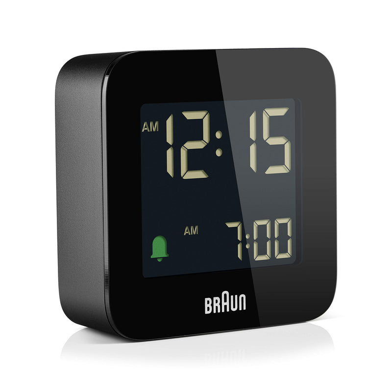 NewNest Australia - Braun Digital Travel Alarm Clock with Snooze, Compact Size, Negative LCD Display, Quick Set, Crescendo Beep Alarm in Black, Model BC08B. 