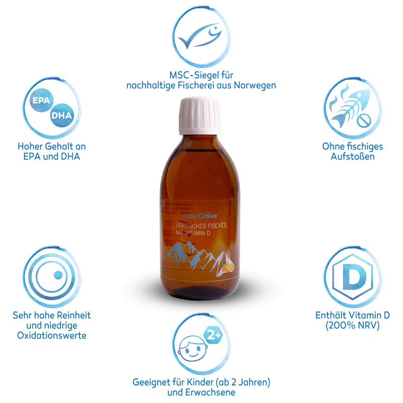 Arctic Blue Omega 3 fish oil - 250 ml liquid - high dose with DHA, EPA and vitamin D - without burping or fishy smell - arctic fish oil - MSC certified - orange flavor 250 ml (pack of 1) - NewNest Australia