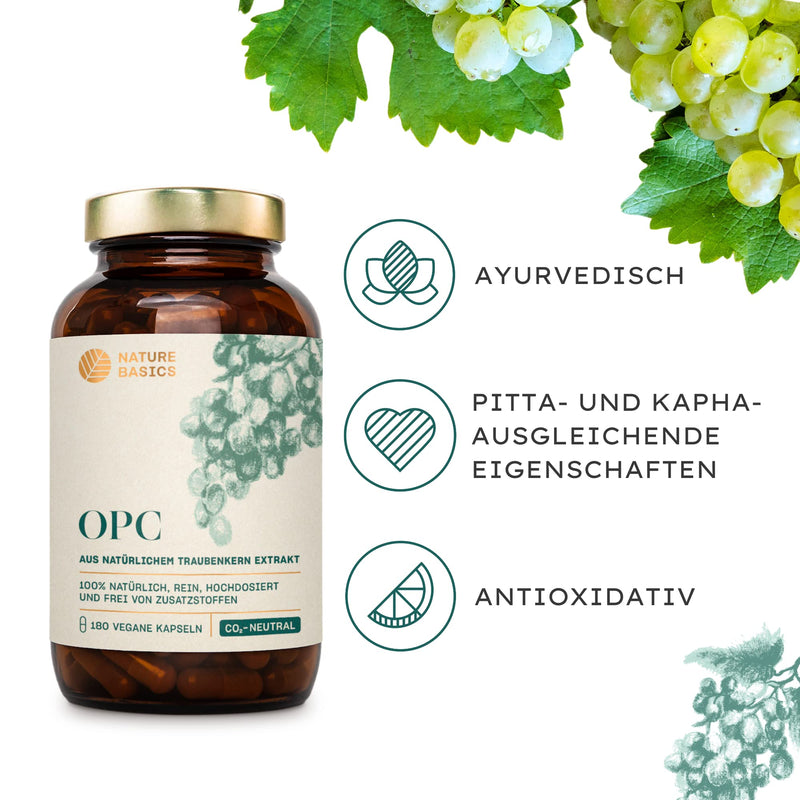 Natural OPC grape seed extract - 180 capsules in high doses / 500 mg of pure OPC per daily dose / High quality obtained from European grapes / Vegan, certified & sustainable in a glass - NewNest Australia