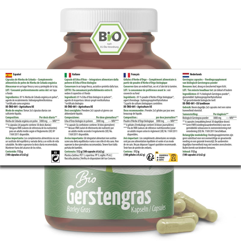 Barley grass capsules organic 180 pieces | finely ground barley grass in capsule format | from controlled organic cultivation | without additives | vegan capsule shell | from the Achterhof 180 pieces (pack of 1) - NewNest Australia