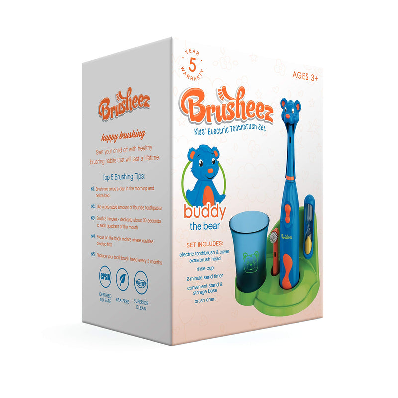 Brusheez® Kids Electric Toothbrush Set (Carnivore Edition) - Battery Operated, Soft Bristles, Easy On/Off, 2 Brush Heads, Animal Cover, Sand Timer, Rinse Cup, and Base - Ages 3+ (Buddy The Bear) Buddy the Bear - NewNest Australia