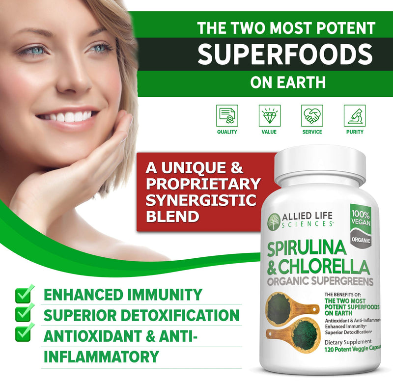 Allied Life Spirulina and Chlorella | Organic Chlorophyll Vegan Protein Powder Green Superfood | 120 Capsules 120 Count (Pack of 1) - NewNest Australia