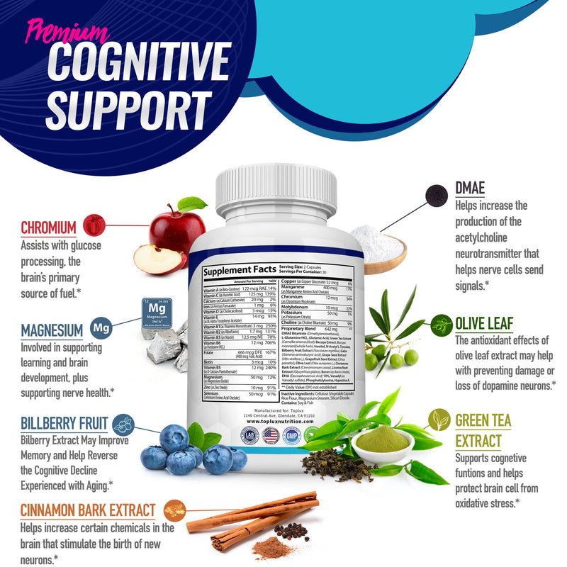 Brain Supplement Nootropic Booster – Brain Pills Vitamin for Focus, Memory, Clarity, Energy & Better Concentration, with DMAE, Bacopa Monnieri, L-Gutamine, For Men Women, 60 Capsules, Toplux Nutrition One - NewNest Australia