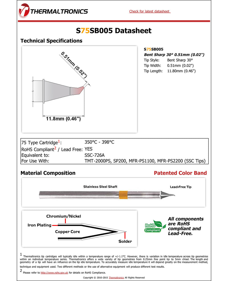 Thermaltronics S75SB005 Bent Sharp 30deg 0.51mm (0.02in) interchangeable for Metcal SSC-726A - NewNest Australia