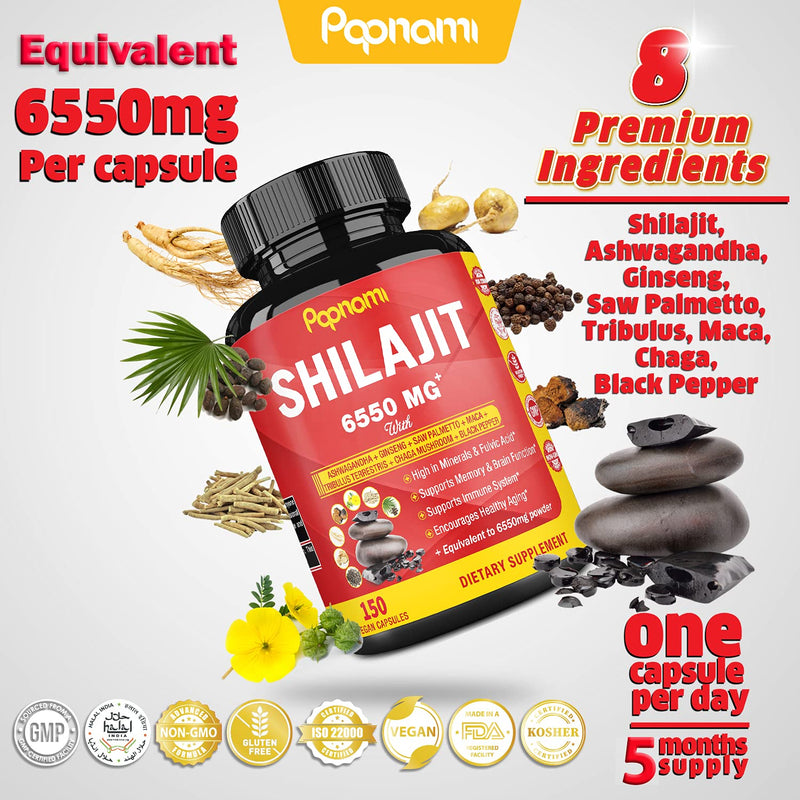 Shilajit Extract Capsules equivalent to 6550mg & Ashwagandha, Ginseng, Saw Palmetto, Maca, Tribulus, Chaga, Pepper, 5 Months Supply | Trace Minerals Fulvic Acid| Immune Support, Brain Boost Supplement - NewNest Australia