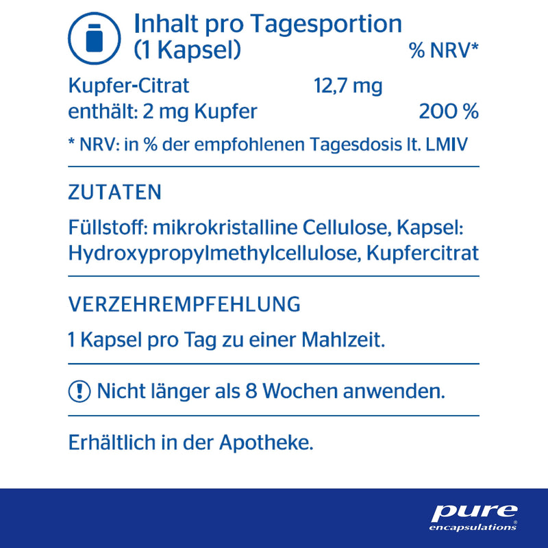 Pure Encapsulations - Copper (copper citrate) - trace element copper, organically bound - 60 vegan capsules - NewNest Australia