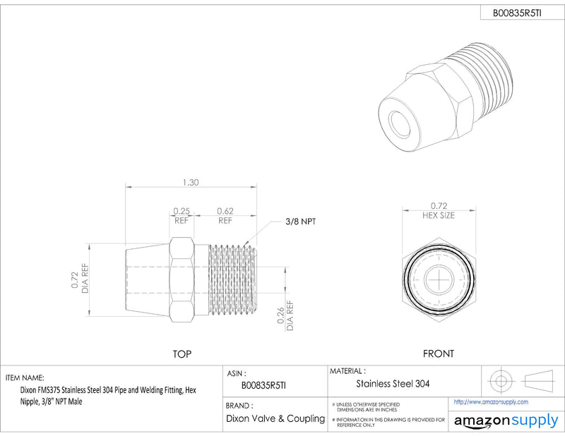 Dixon FMS375 Stainless Steel 304 Pipe and Welding Fitting, Hex Nipple, 3/8" NPT Male 1 - NewNest Australia