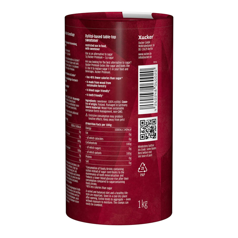 Xucker Premium made from xylitol birch sugar - reduced calorie sugar substitute I vegan & tooth-friendly granulated sugar alternative for cooking & baking sugar-free (1 kg) can 1 kg (pack of 1) single - NewNest Australia
