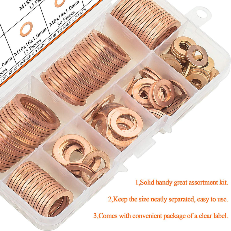 HELIFOUNER Copper Washers, 150PCS 8 Sizes Copper Metric Sealing Washers Flat Washers Assortment Kit - NewNest Australia