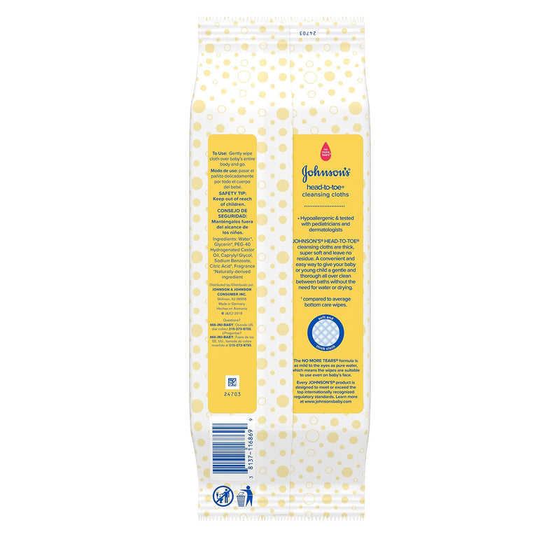 Johnson's Head-to-Toe Gentle Baby Cleansing Cloths, Hypoallergenic and Pre-Moistened Baby Bath Wipes, Free of Parabens, Phthalates, Alcohol, Dyes and Soap, 15 ct Pack of 1 15 Count (Pack of 1) - NewNest Australia