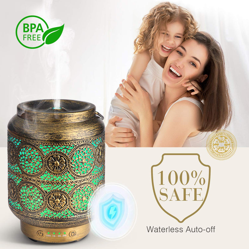 SALKING Metal Essential Oils Diffuser,100ml Vintage Aromatherapy Diffuser Ultrasonic Oil Diffusers Humidifier with 7 Colour Night Light, Waterless Auto Shut-Off, Timer for Home Bedroom Gold - NewNest Australia